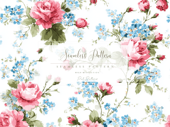 Download Vintage Pink Roses and Blue Forget-Me-Not Seamless Floral Pattern PNG - Premium Resources